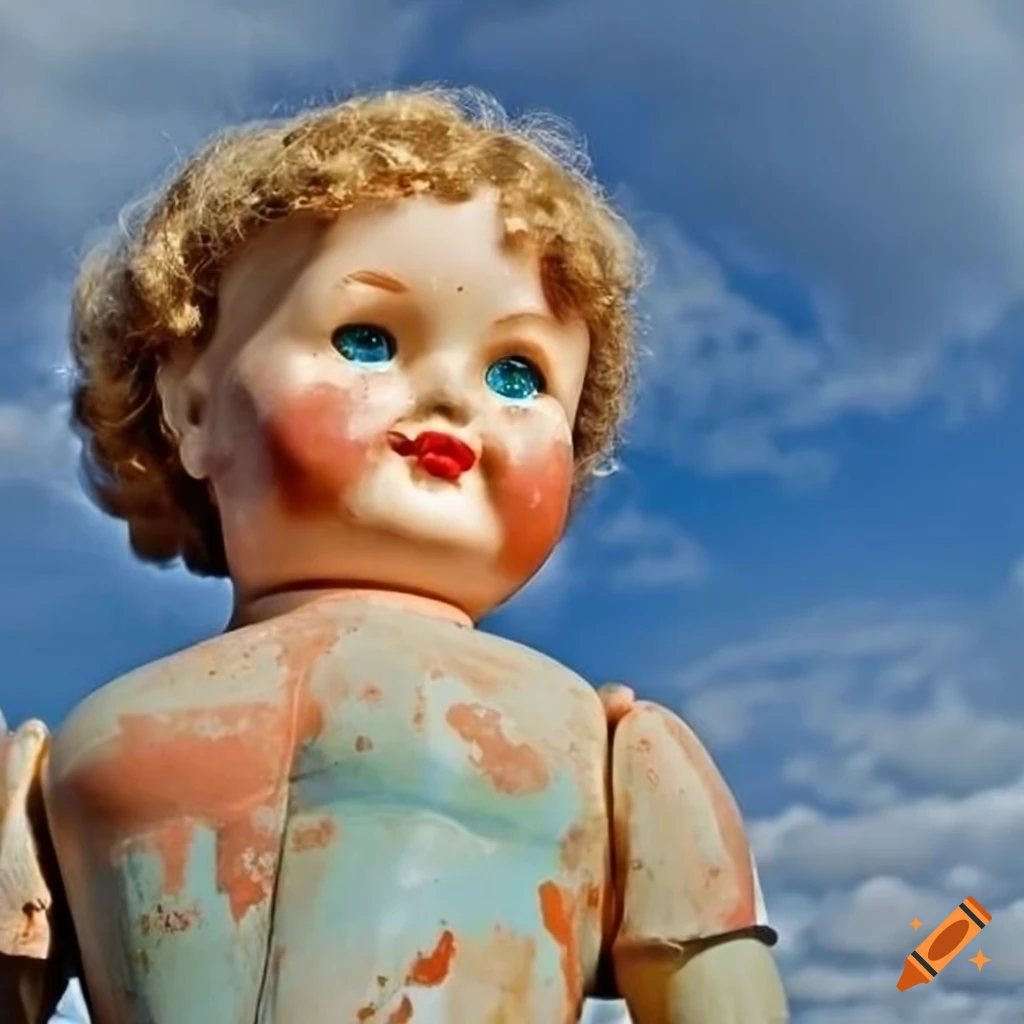 Giant 1930s child's painted plastic doll against a stormy blue sky on