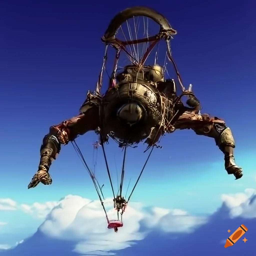 Steam punk parachutist in the sky