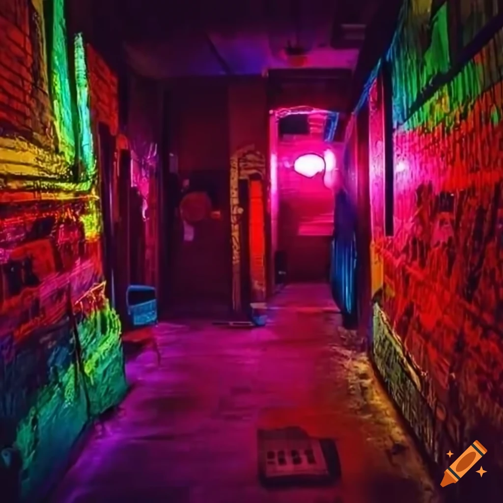 Colorful underground club with loud music and vibrant lights