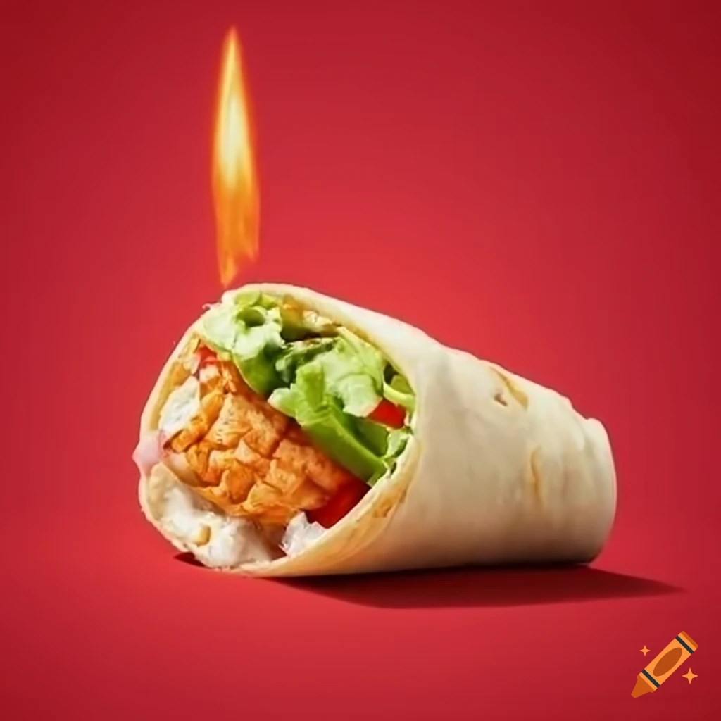 Delicious chicken zinger wrap with flame on red background on Craiyon