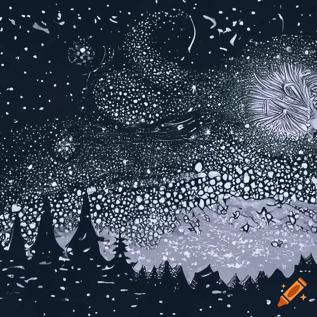 Magical Christmas doodle art with dark starry sky in grayscale
