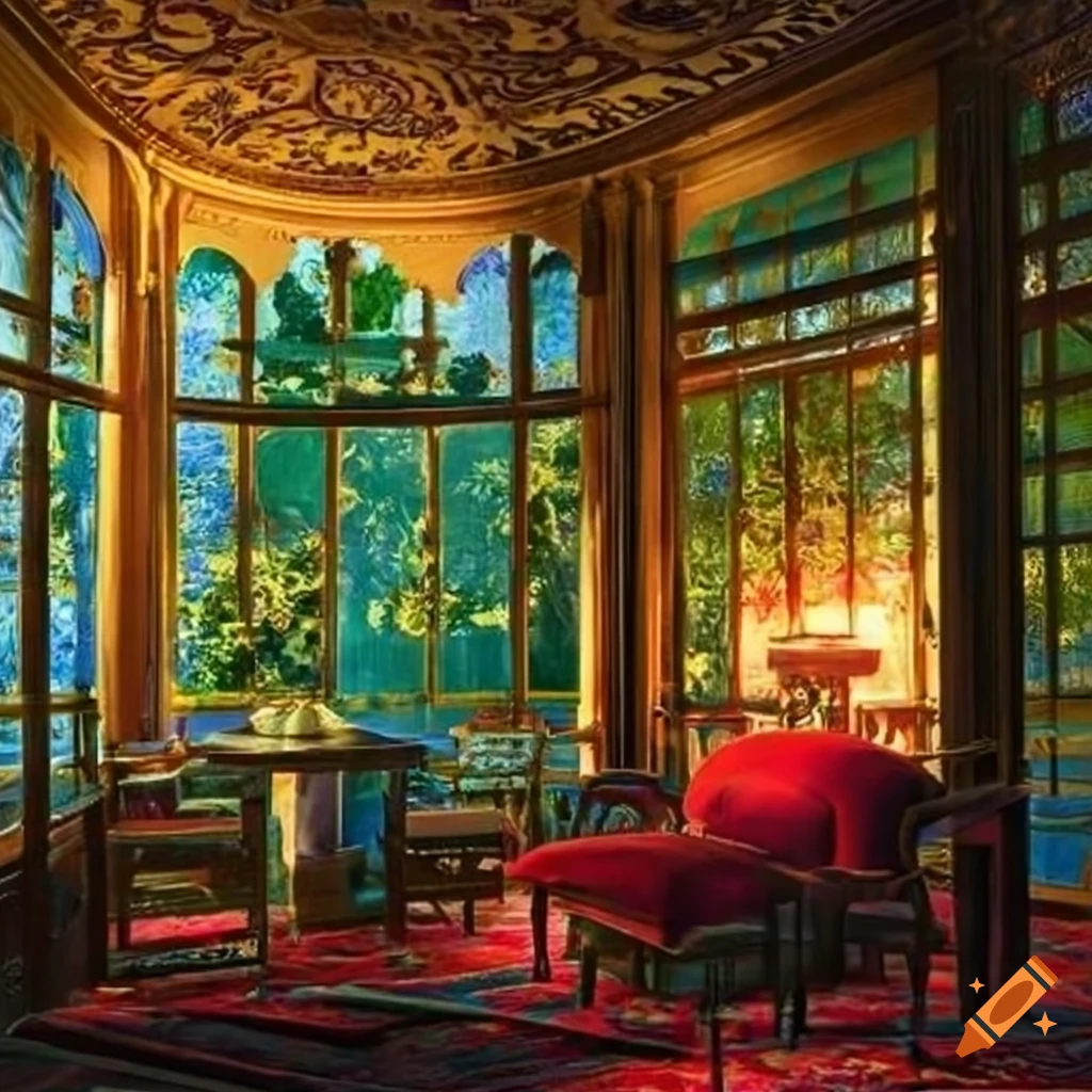 Lush and detailed oriental pavilion with luxurious interior and pillows during sunset