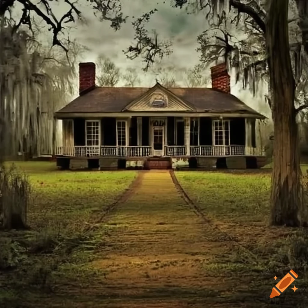 Rundown spooky back garden of a southern 1800s one-story plantation house