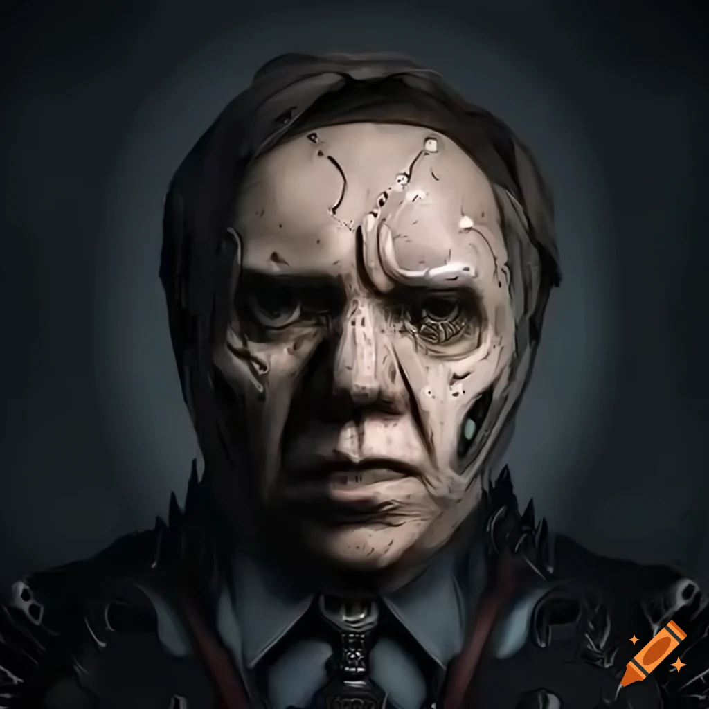 Dramatic undead cyborg costume worn by Fran�ois Legault with intricate background