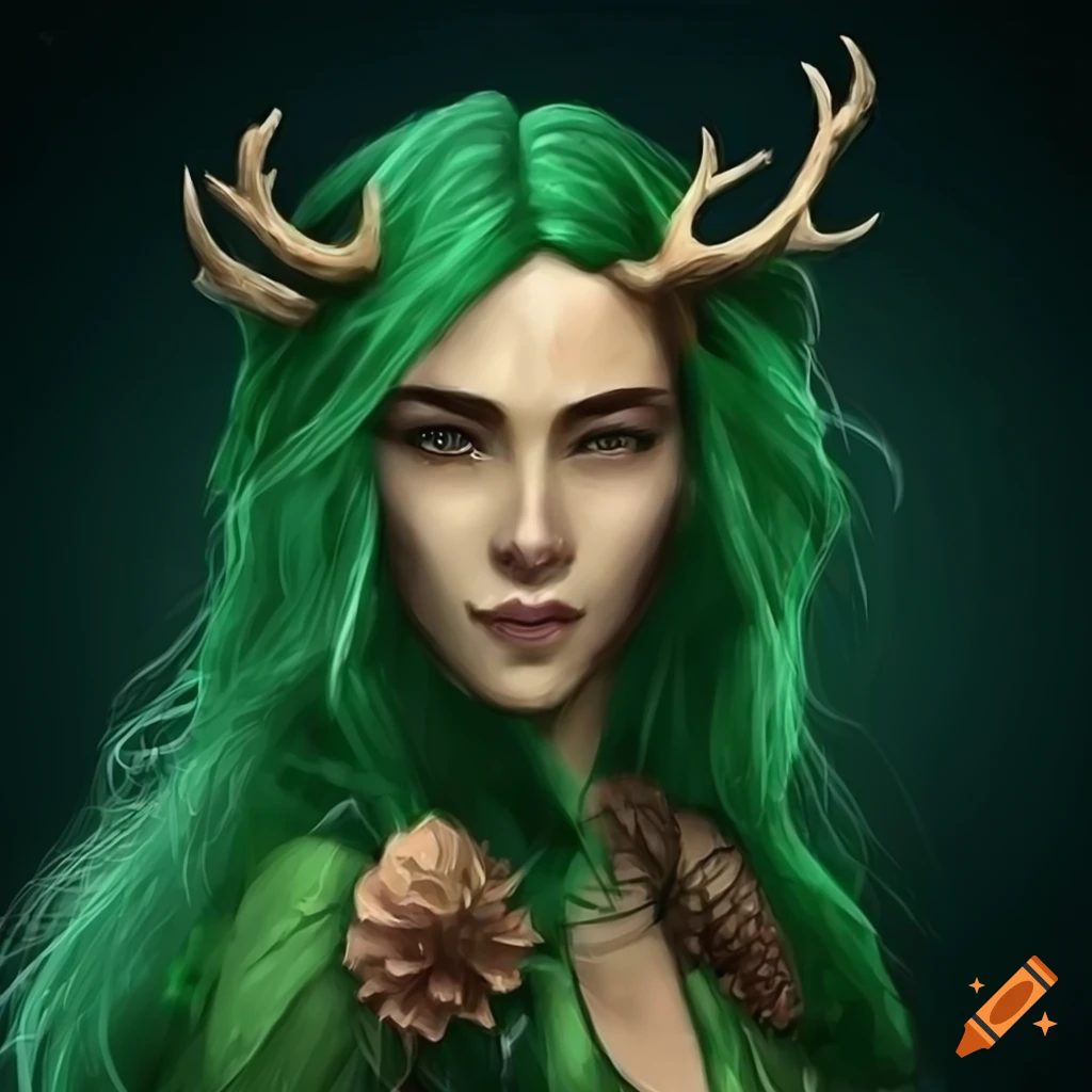 Photo realistic female half elf druid with vibrant green hair and large ...