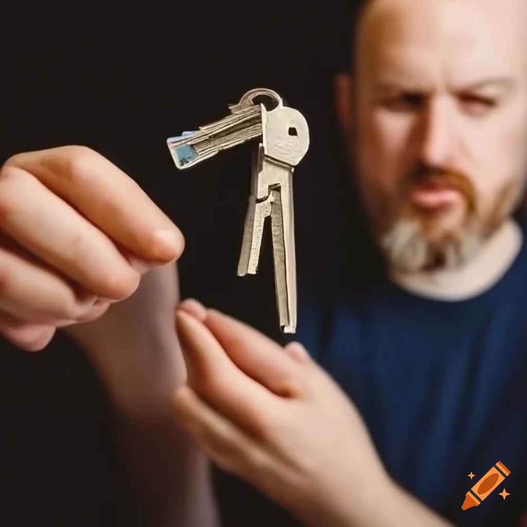 Man holding house keys in one hand and a small child in the other