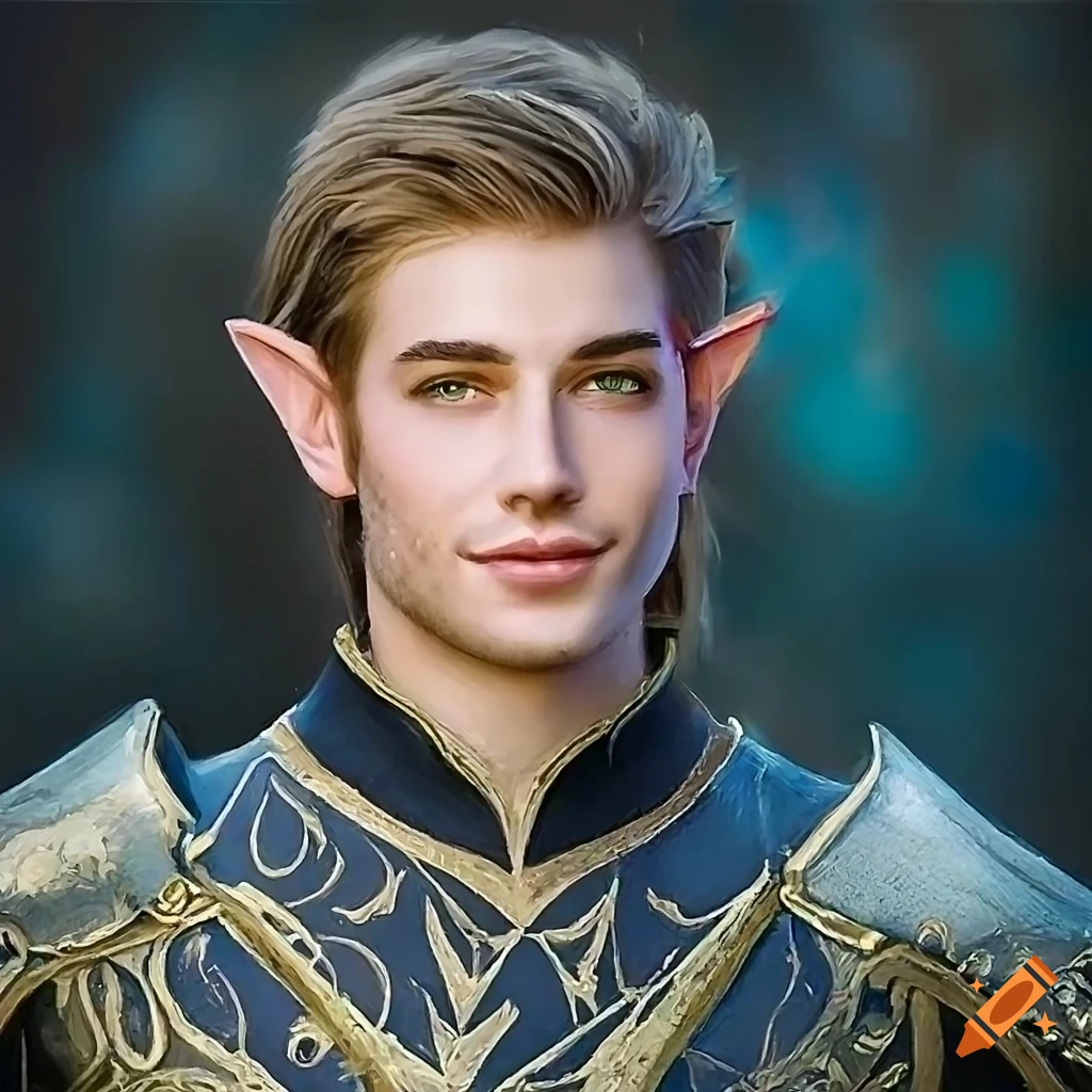 Detailed painting of a smiling male elven prince with brown messy hair ...