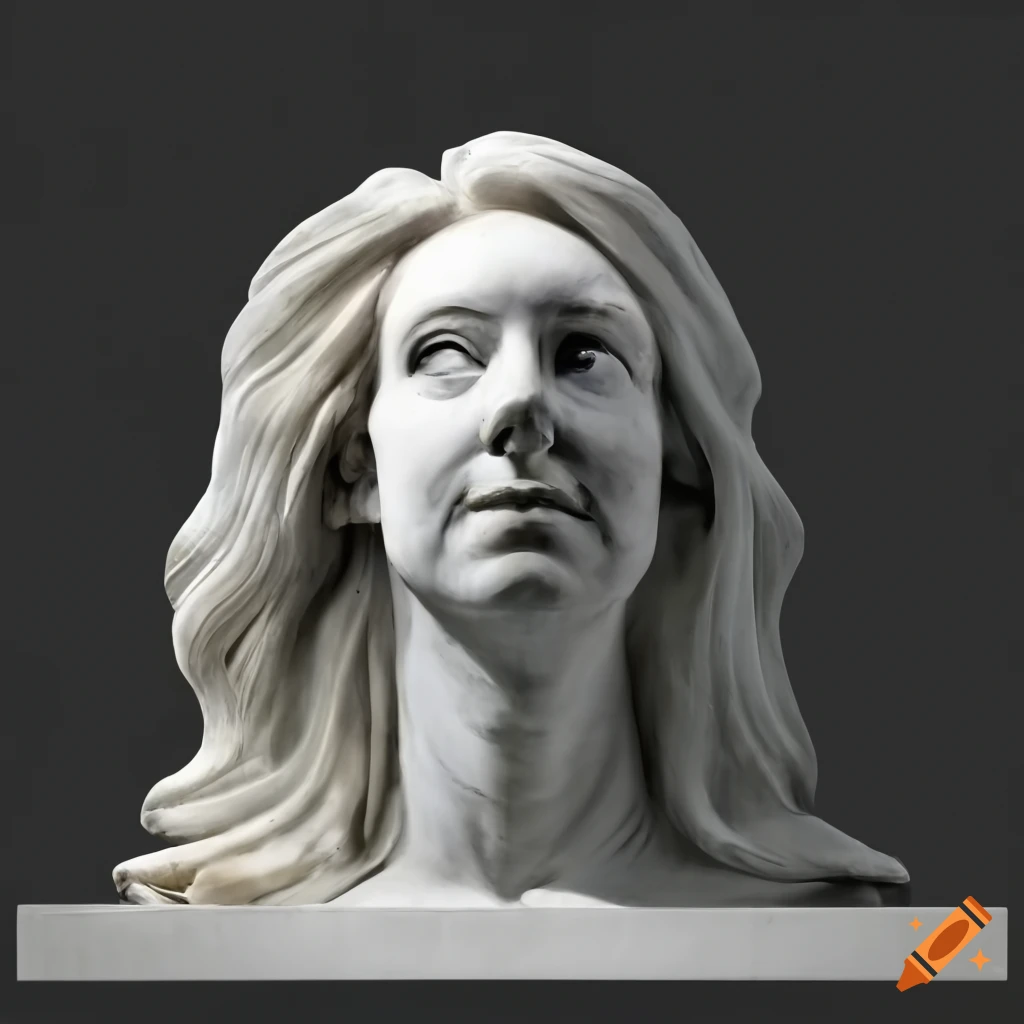 Elizabeth holmes inspired rough carved marble sculpture in the style of