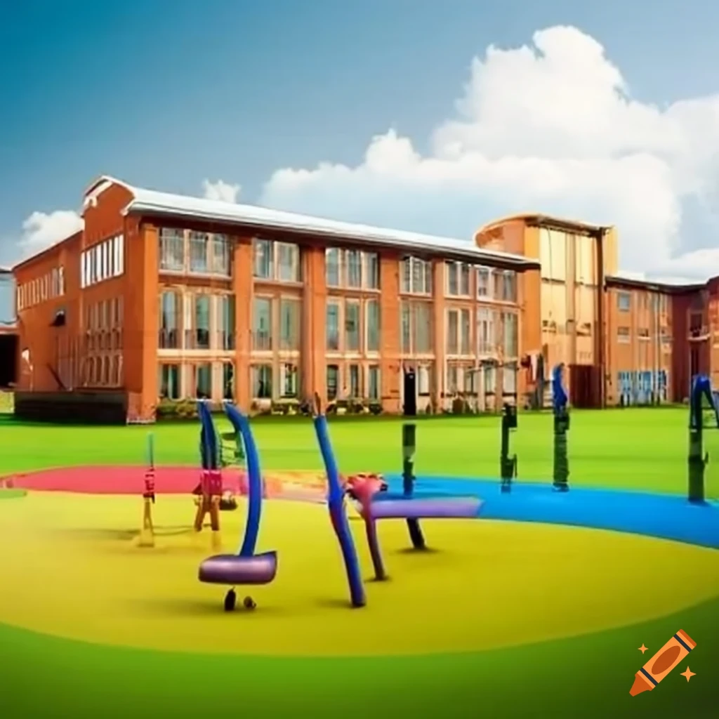 Large school building with a spacious playground
