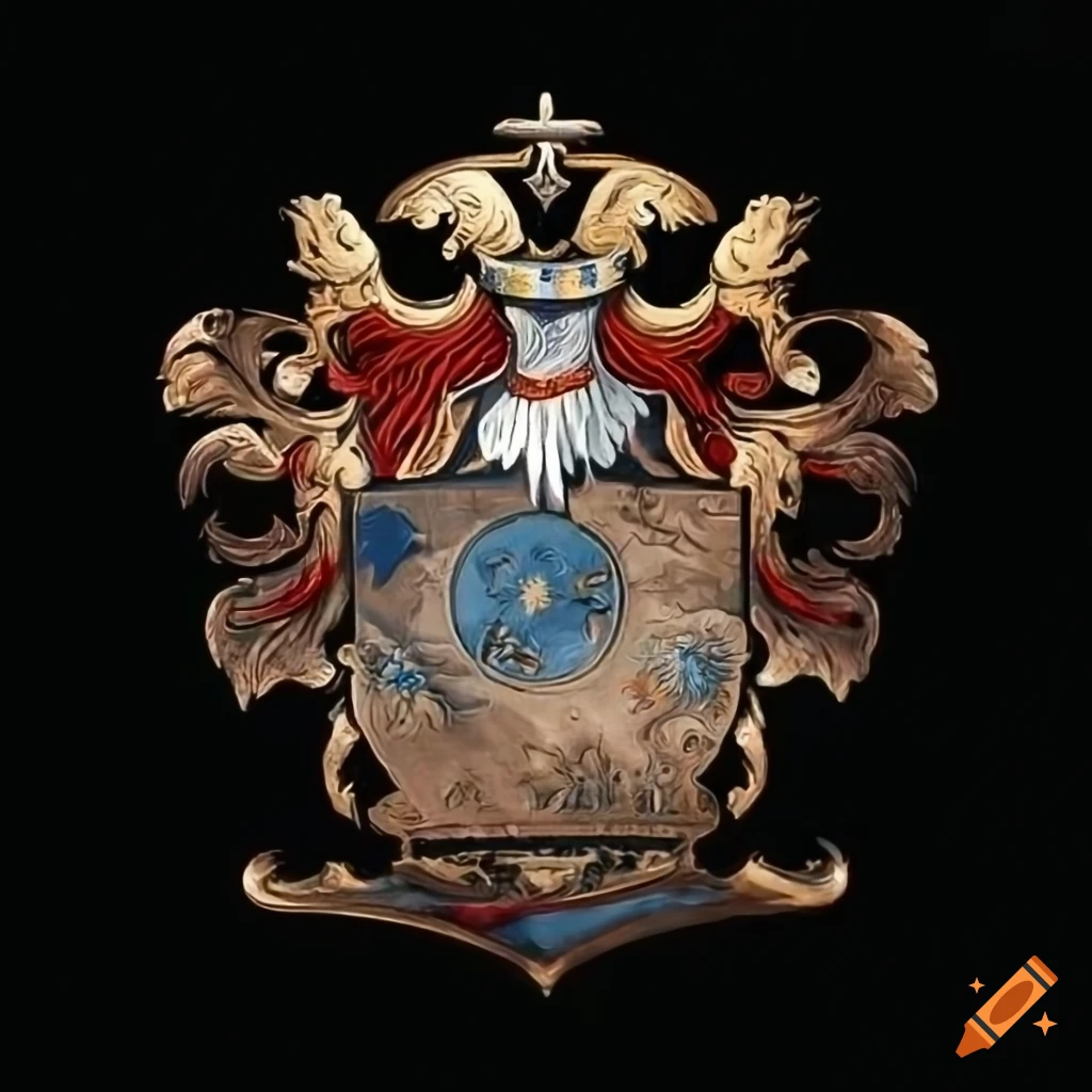 Family Coat Of Arms With Pickaxe And Astrolabe Symbols