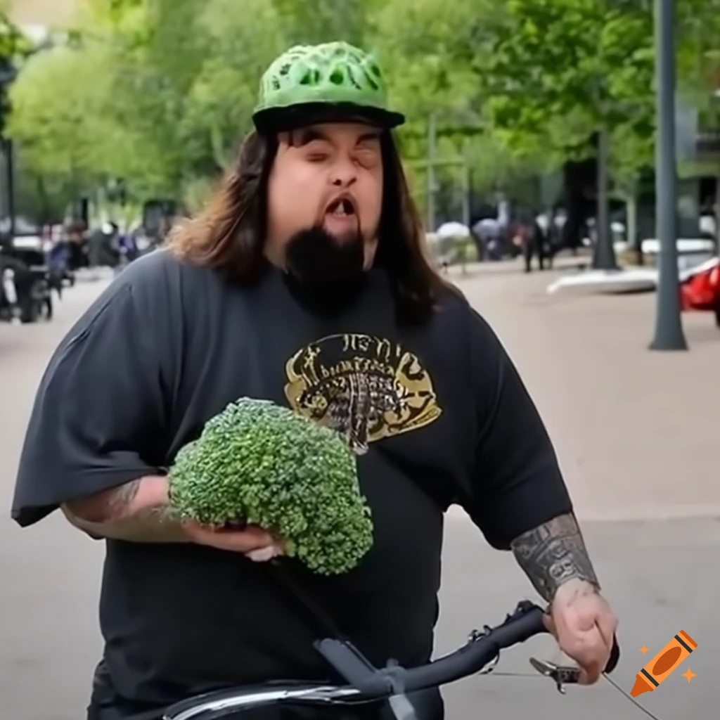 Chumlee from Pawn Stars riding a bike and eating broccoli at a park