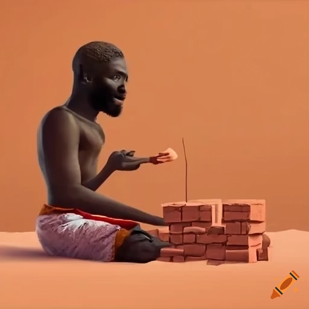 Worker building with bricks in the desert