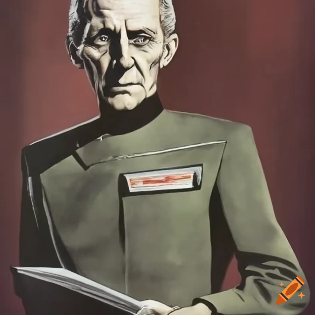 Grand moff tarkin with a copy of the death star plans in a 1940s style