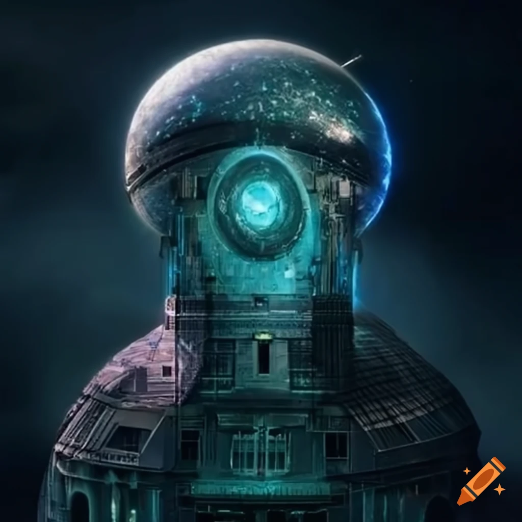 Telescope in a futuristic library with alien megacomplex building on ...