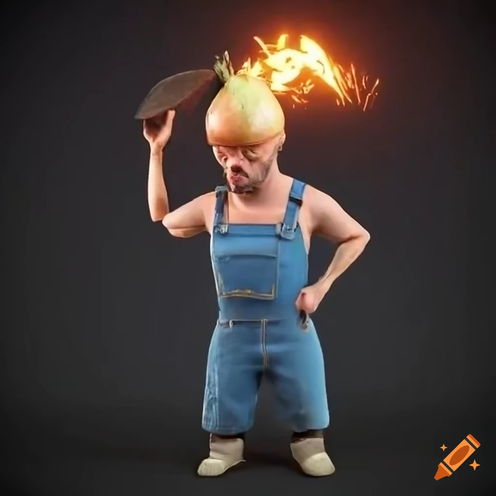 Short man with an onion hat wearing mechanic clothing in a welding pose