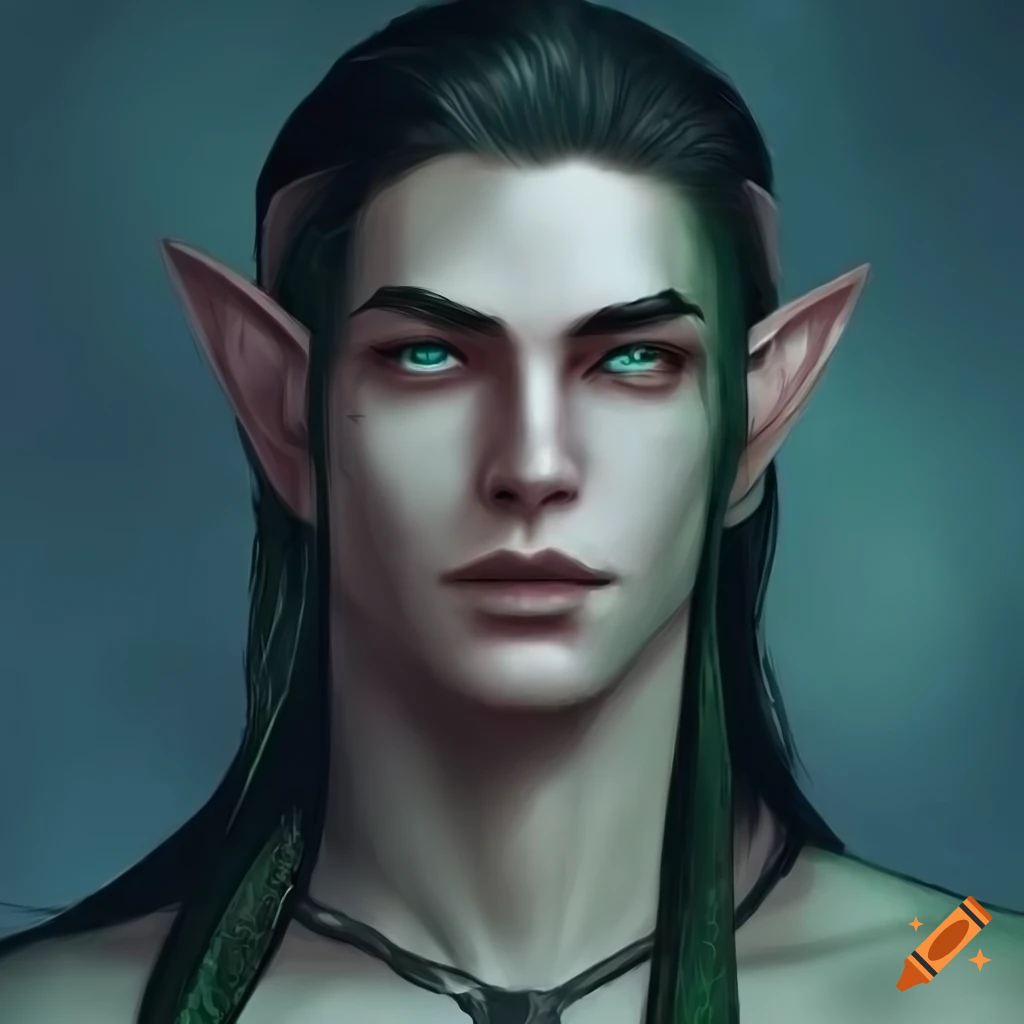 Mysterious male elven man with striking green eyes and long black hair