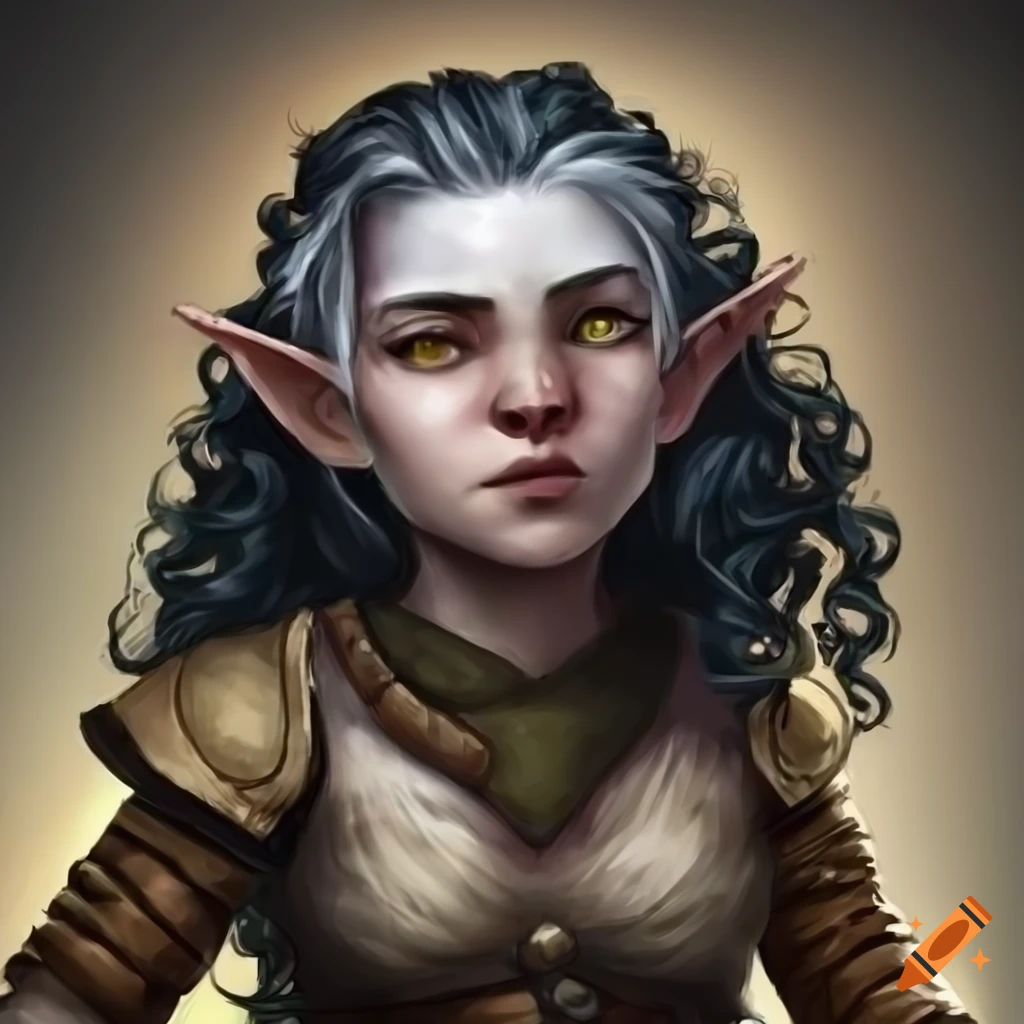 Warrior female halfling rogue with long curly black and white hair and ...
