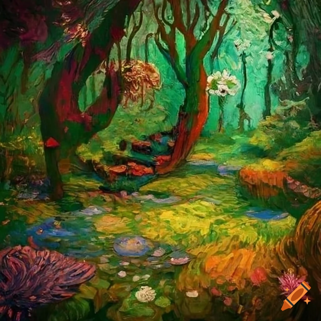Colorful elven garden with delicate flowers in a forest inspired by Van ...