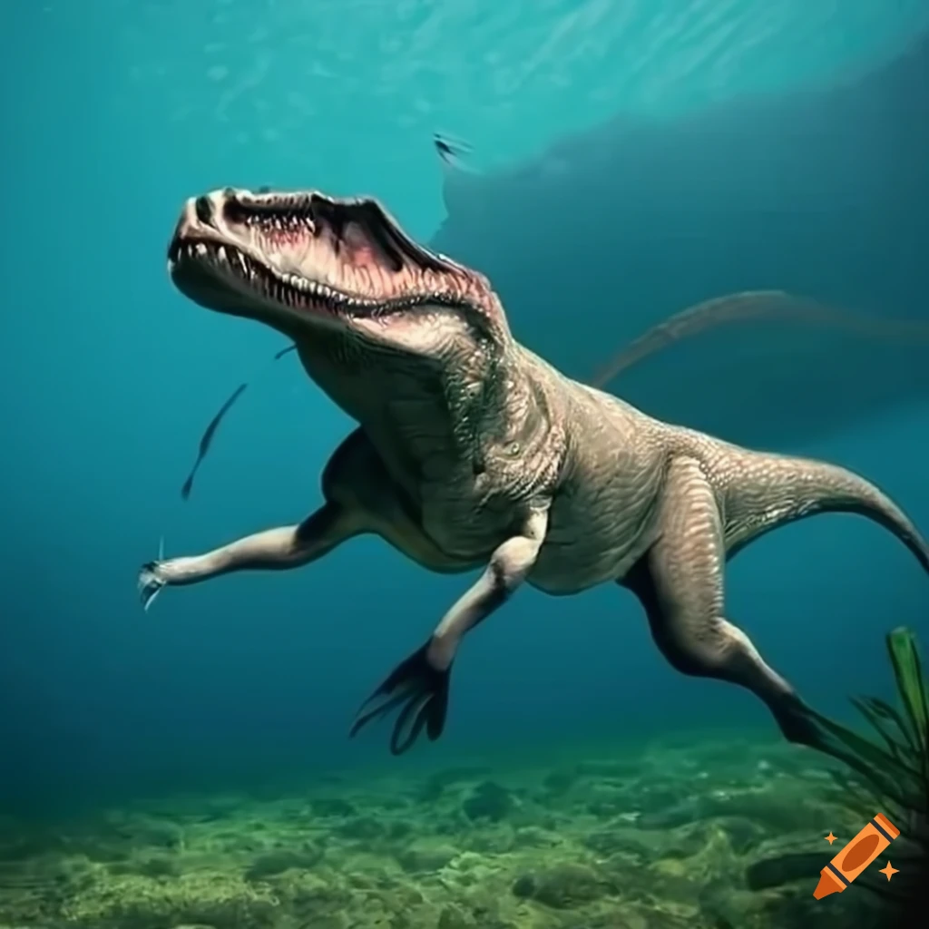 Underwater view of a baryonyx dinosaur fishing in a british columbia river