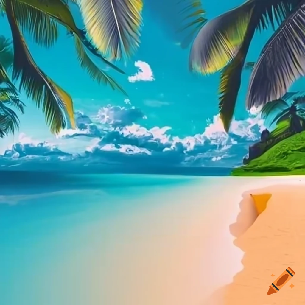 Deserted tropical island shore with a crashed commercial plane, bold colors