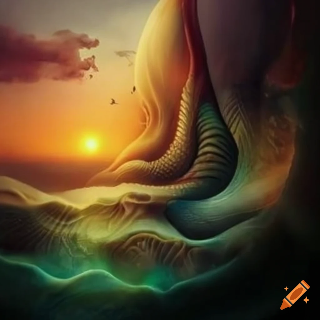 Rivage fantastique et collines luxuriantes avec coquillages surr�alistes, vagues houleuses, fleurs exotiques et nuages fantastiques