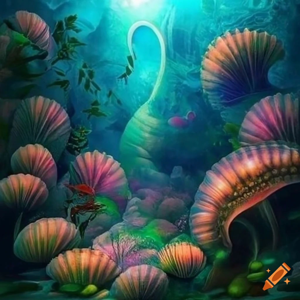 Rivage fantastique et collines luxuriantes avec coquillages surr�alistes, vagues houleuses, fleurs exotiques et nuages fantastiques