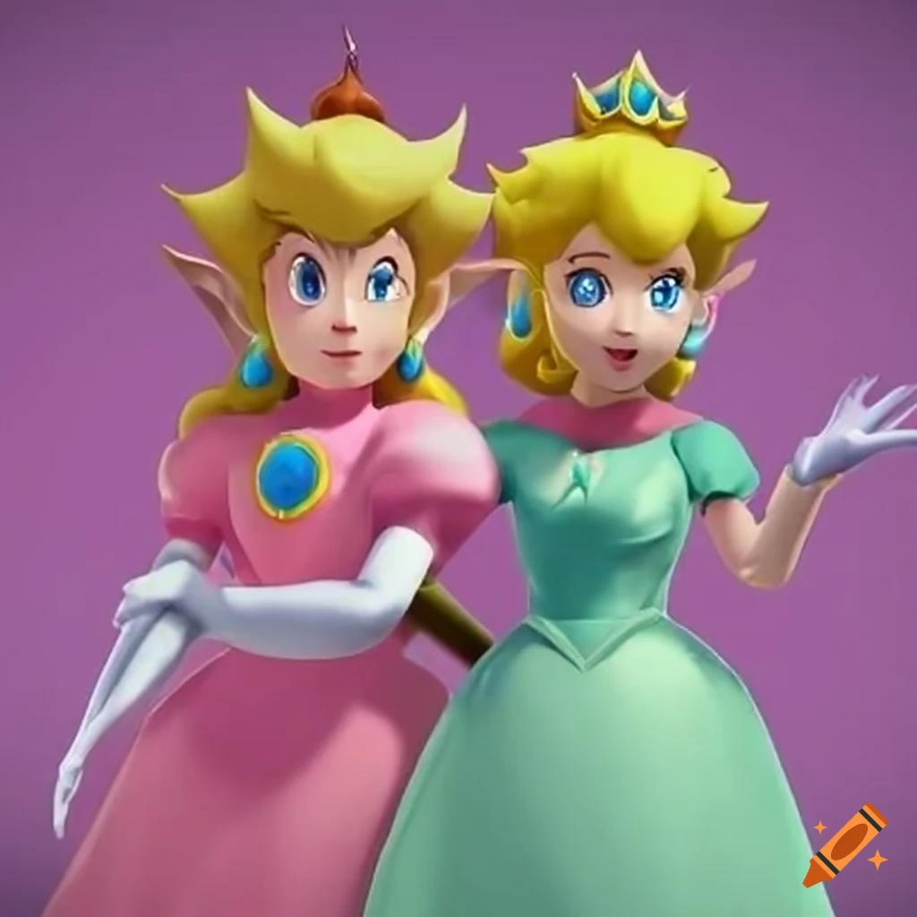 Princess peach and link posing together in pink silk ballgown outfits ...