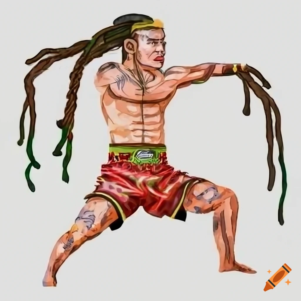 Cartoon muay thai fighter with dreadlocks and ripped muscles in