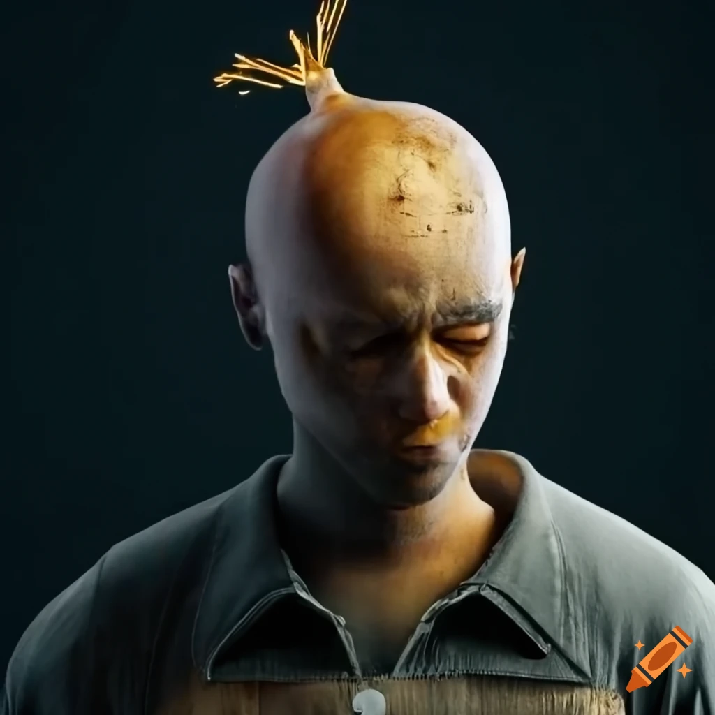 Short man with an onion hat wearing mechanic clothing in a welding pose