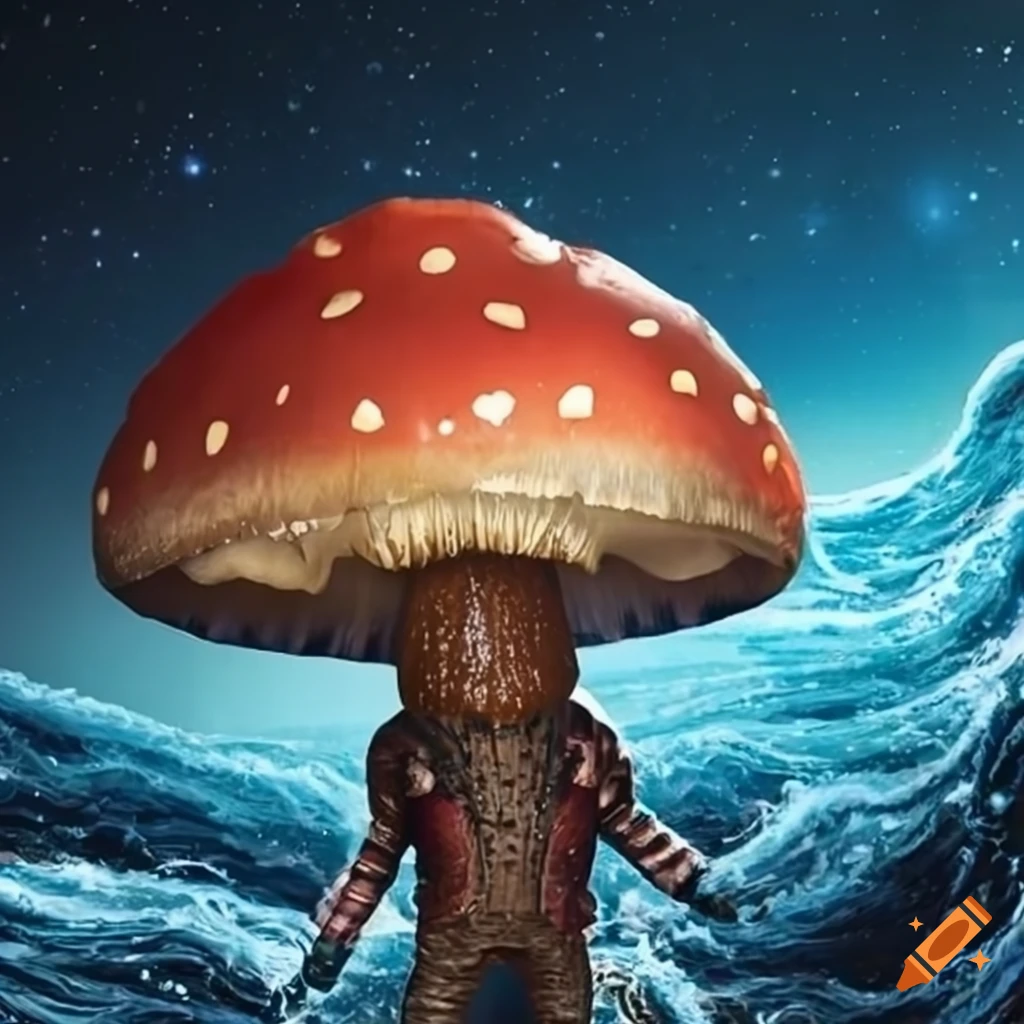 Starlord holding a brown topped mushroom in front of an icy tidal wave ...