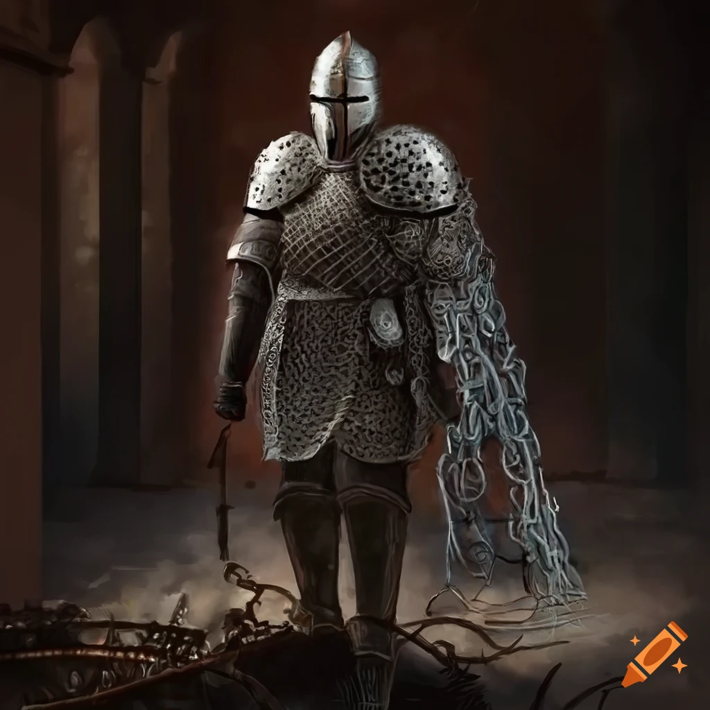 Knight in chainmail standing in a wasteland surrounded by the dead