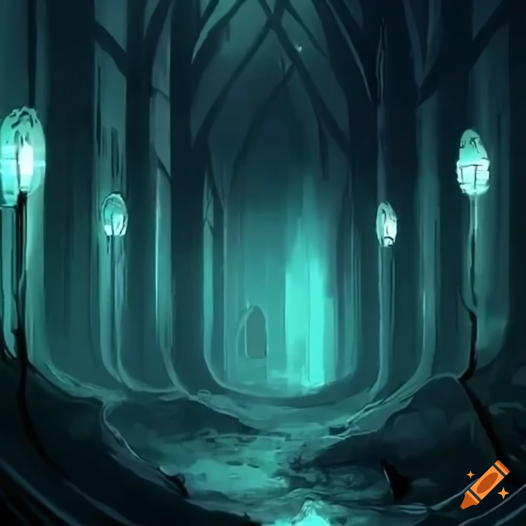 Eerie underground passage with flickering lights in the darkness