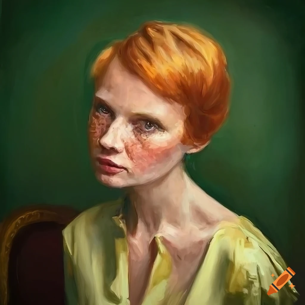 Moody oil painting of a mature woman with freckles in a yellow silk ...