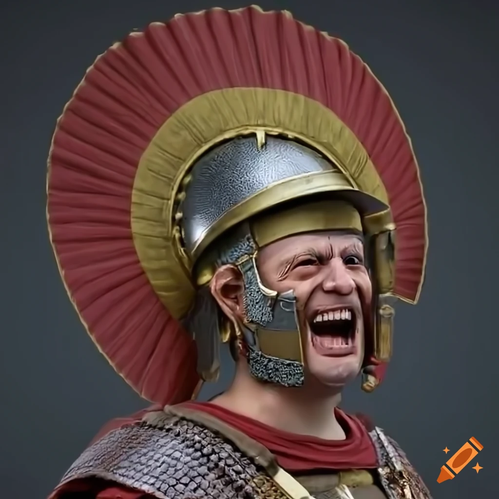 Shocked laughing Roman legionary in hyper-realistic full body shot