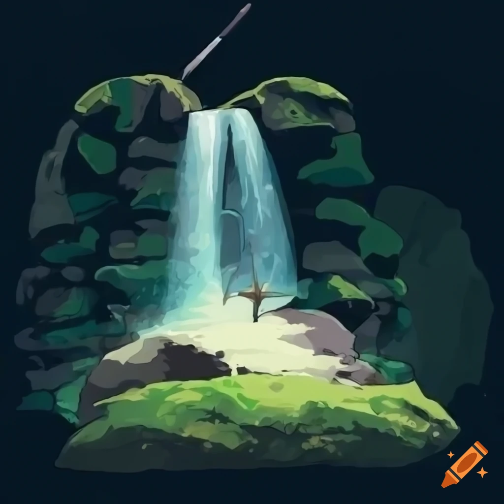 Hilltop with a waterfall, mossy rocks, and a sword in stone in studio