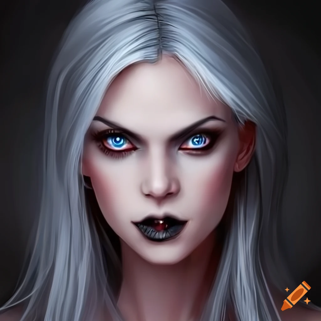 Beautiful female vampire with white hair and blue eyes