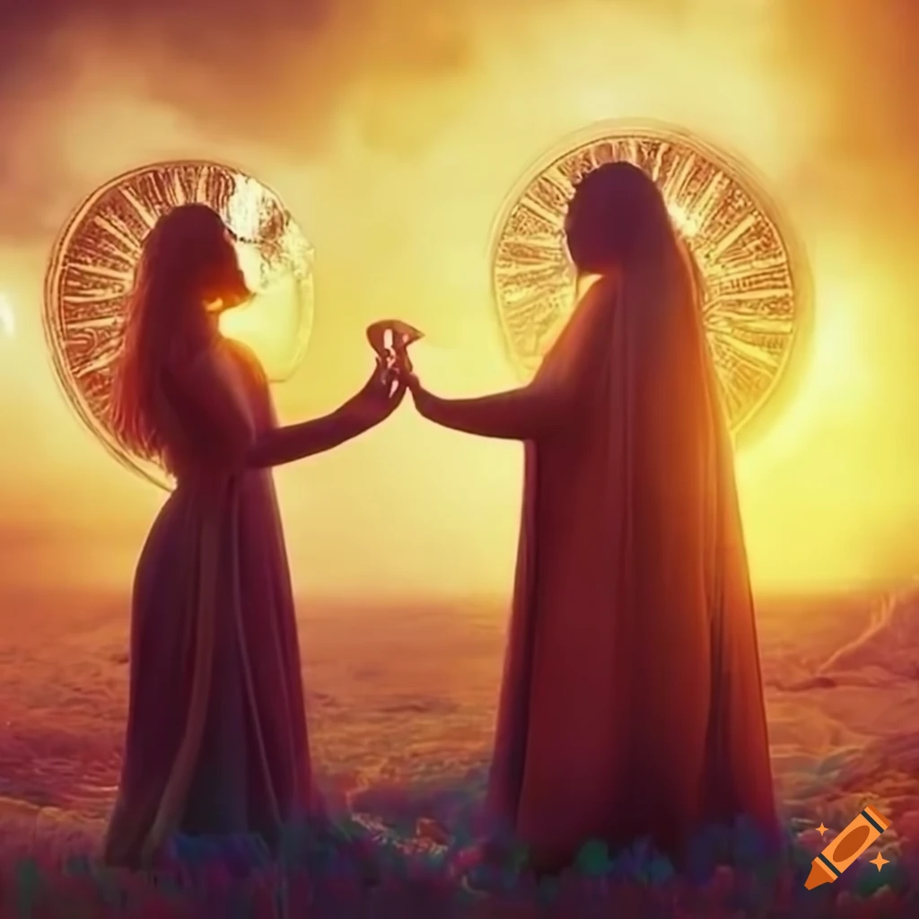 Solstice ceremony with high priest and priestess welcoming the return of the sun