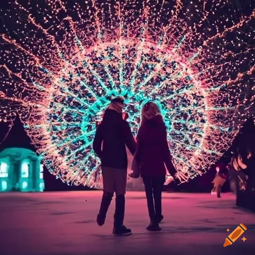 Couple walking at a winter festival with a light show