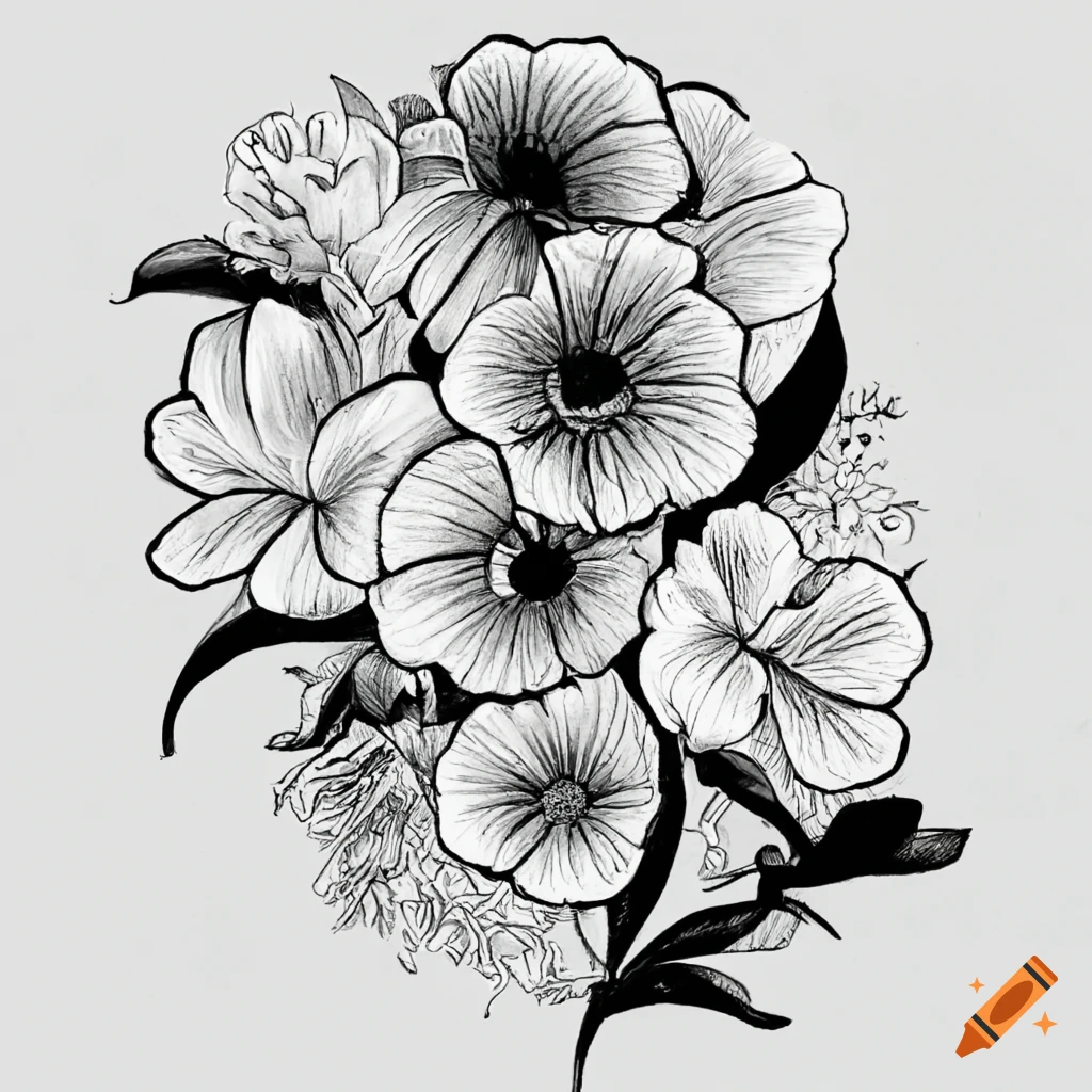 Simple black and white drawing of flowers covering the full page