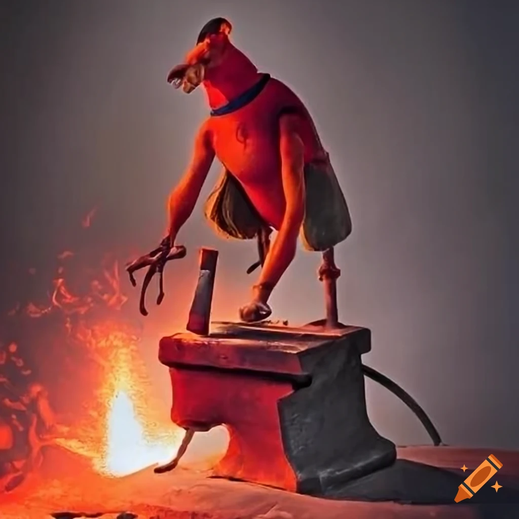 Anthropomorphic pidgeon blacksmith hammering hot iron on an anvil
