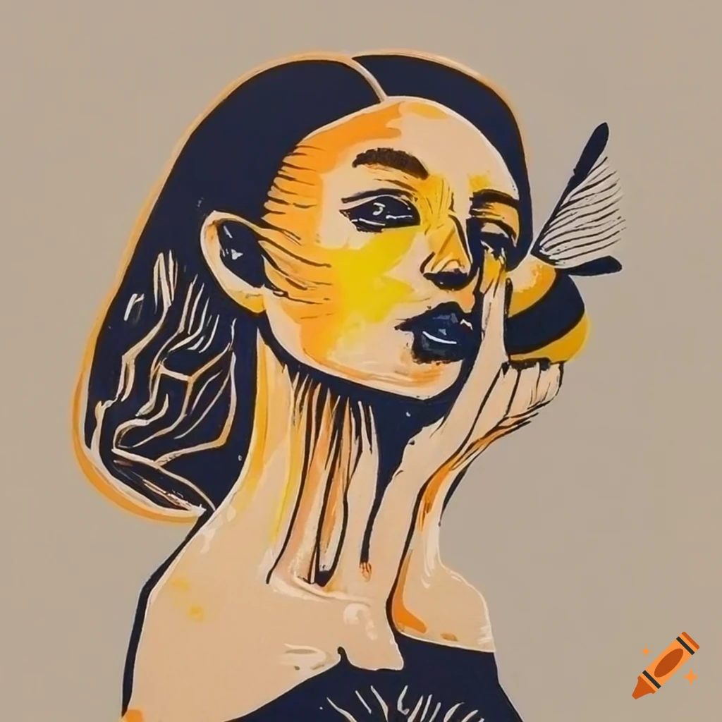 Linocut of woman's face with a bumblebee on her hand