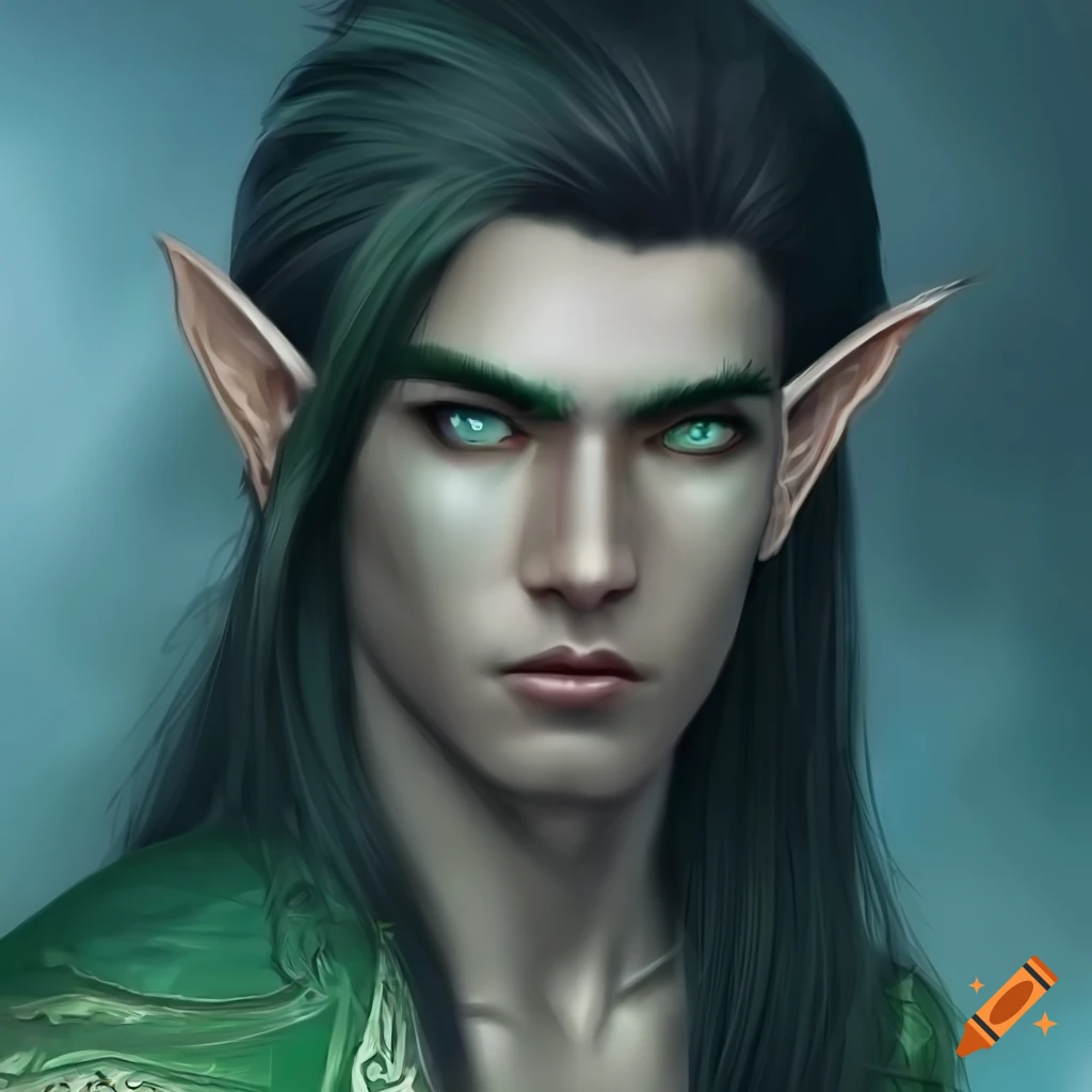 Mysterious male elven man with striking green eyes and long black hair