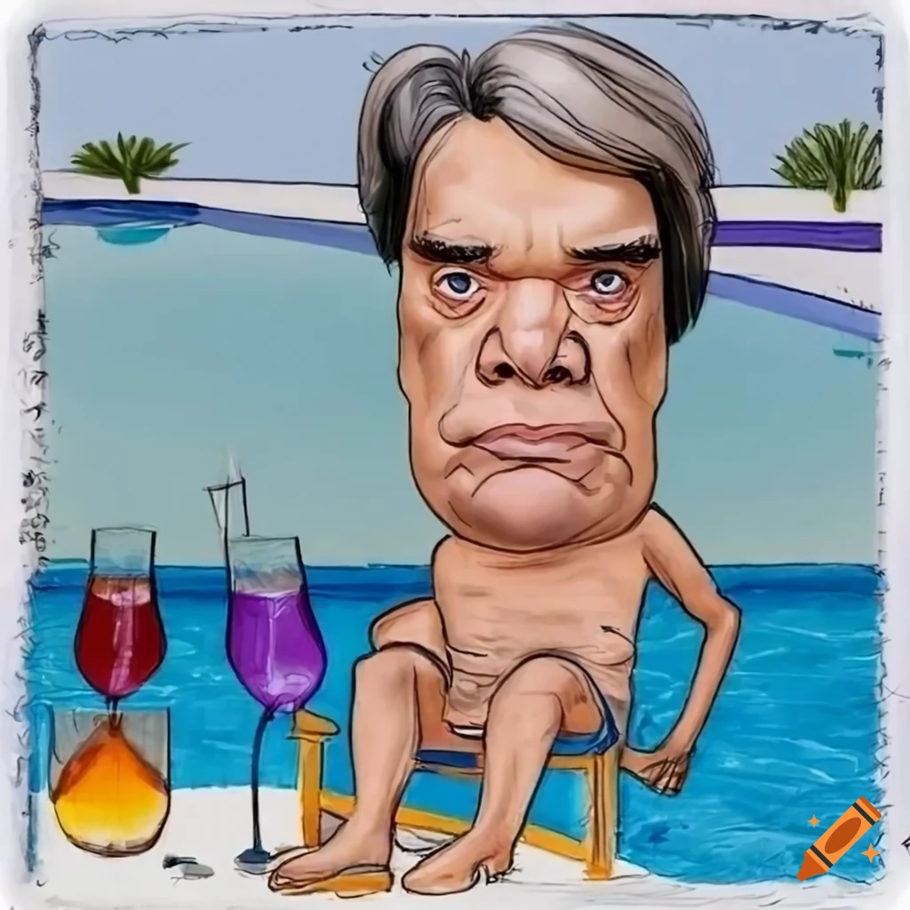 Caricature of Bernard Tapie lounging by a pool with drinks in a luxurious villa setting