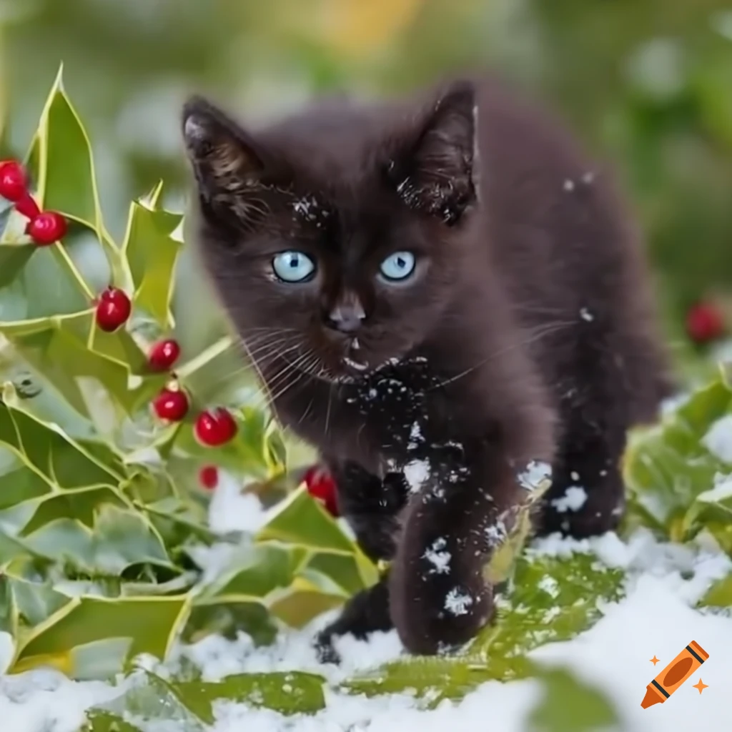 Cute black kitten playing in snow among holly bushes on Craiyon