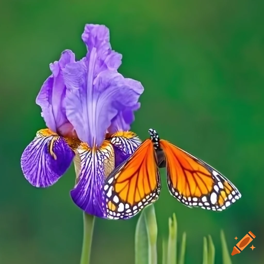 Violet iris flower with an orange monarch butterfly