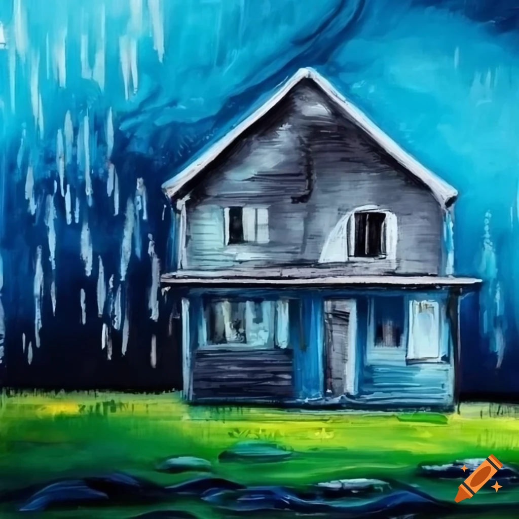 Rainstorm painting with blue and grey colors at house