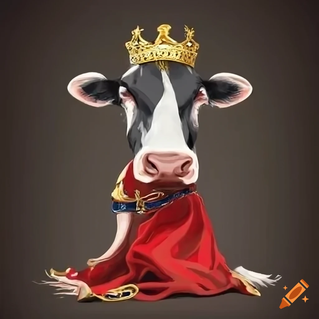 Cow's head on a human body laughing in a red royal dress on Craiyon