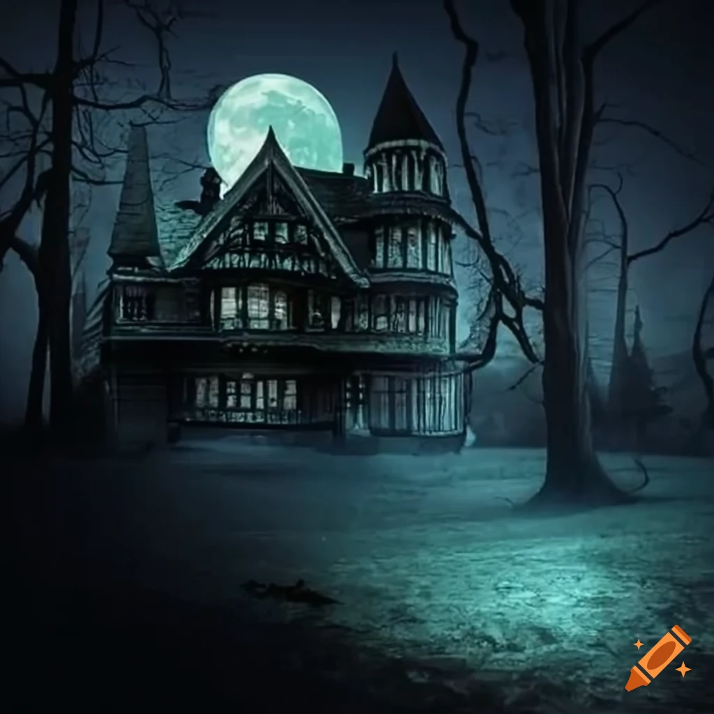 Victorian mansion in a haunted forest under a full moon