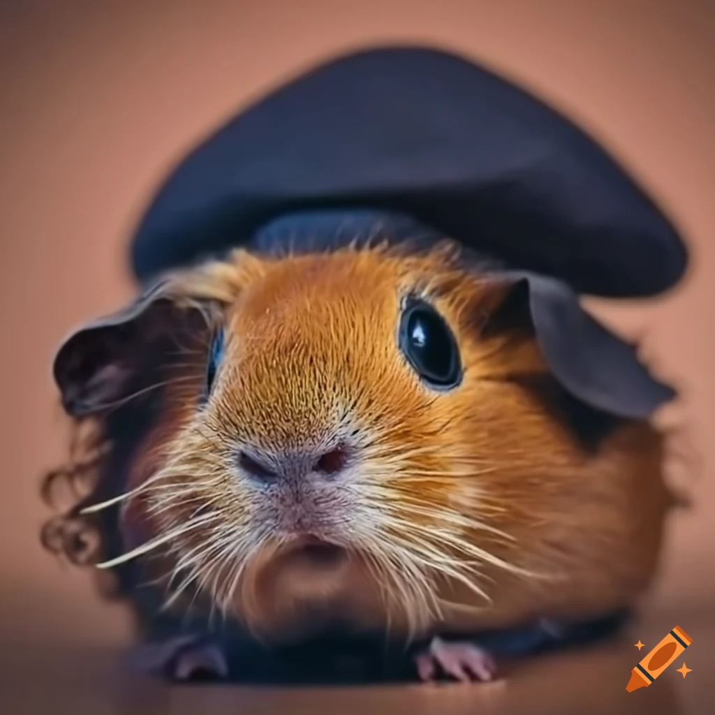 Guinea pig with curly hair wearing a french beret