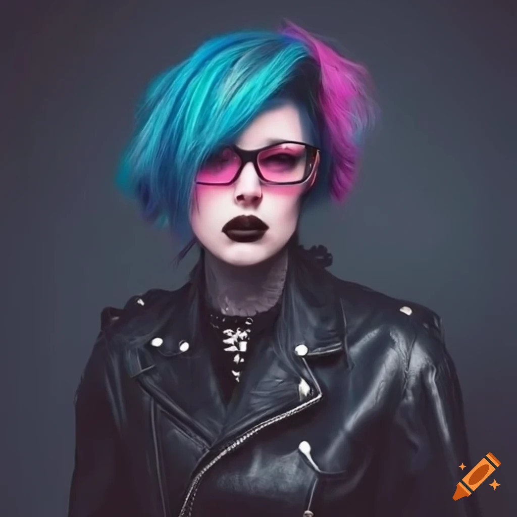 Stylish goth punk woman with black leather jacket, pink glasses, blue